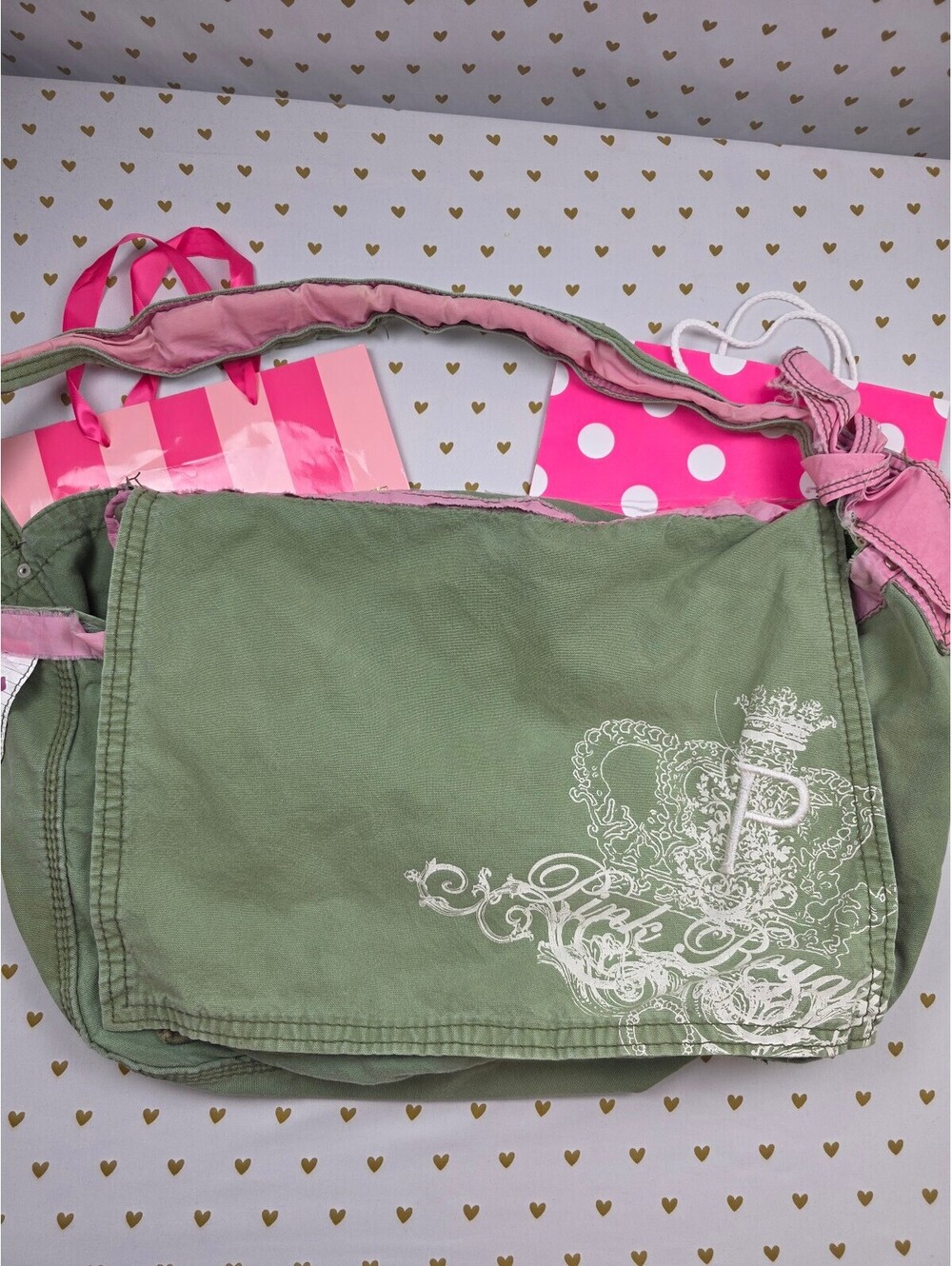 Vintage Victoria's Secret PINK Royalty Messenger Bag Green Organizer Pouches HTF